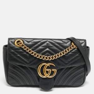 Pre Owned Gucci GG Marmont Medium Black Matelassé Leather Shoulder Bag