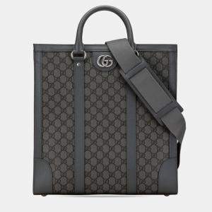 Pre Owned Gucci Gg Supreme Ophidia Medium Handbag Shoulder Bag Grey Pvc Leather