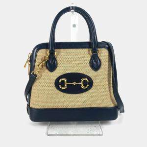 Pre Owned حقيبة غوتشي هورسبيت 1955 صغيرة بيد علوية كانفاس/جلد بيج/كحلي غامق