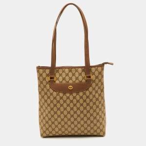 Pre Owned Gucci Sherry Beige/Brown GG Supreme Canvas and Leather Tote
