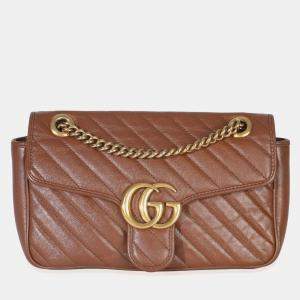 Pre Owned Gucci Brown Diagonal Matelasse Quilted Calfskin Small Marmont Shoulder Bag