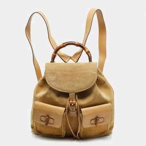 مملوكة مسبقًا Gucci Bamboo Pocket Beige Leather Suede Drawstring Backpack