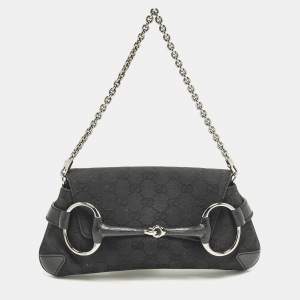 Pre Owned Gucci Horsebit Black GG Canvas and Leather Chain Clutch