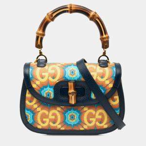 Pre Owned Gucci Bamboo Handbag/Shoulder Bag  Navy Multicolor Leather