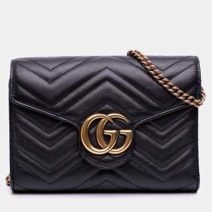 Pre Owned Gucci Black GG Marmont Matelasse Leather Wallet On Chain