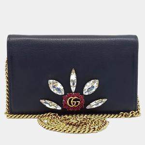 Pre Owned Gucci Black Leather GG Marmont Crystal Chain Crossbody Bag