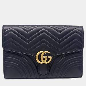 Pre Owned Gucci Black Leather Marmont Matelassé  Clutch