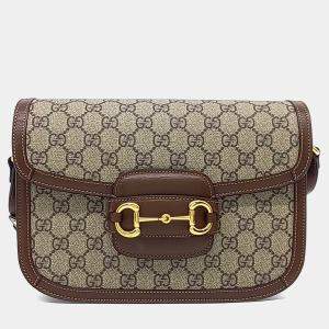 مملوكة مسبقًا حقيبة كتف غوتشي قماش بيج وبني حزام الحصان 1955