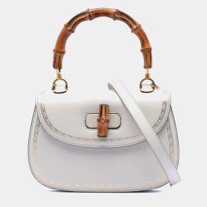 Pre Owned Gucci White Calfskin Frame Print Bamboo Top Handle Bag