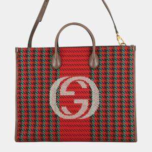 Pre Owned Gucci Red Interlocking G Tweed Houndstooth Stripe Satchel