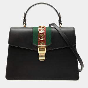 Pre Owned Gucci Black Medium Leather Sylvie Top Handle Bag