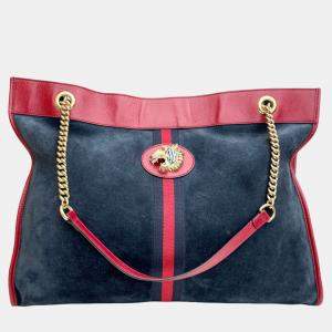Pre Owned Gucci Blue/Red Large Web Suede Rajah Tote