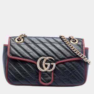 Pre Owned Gucci Black Medium GG Marmont Matelasse Diagonal Leather Torchon Shoulder Bag