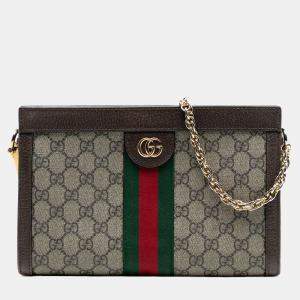 Pre Owned Gucci Brown Small GG Supreme Web Ophidia Chain Crossbody