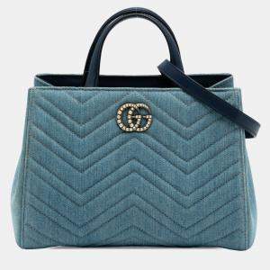 Pre Owned Gucci Blue Small GG Marmont Matelasse Denim Pearly Satchel