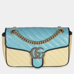 Pre Owned Gucci Blue Yellow Calfskin Matelasse Diagonal Torchon Small GG Marmont Bag