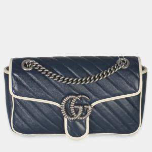 Pre Owned Gucci Navy White Calfskin Matelasse Diagonal Torchon Medium GG Marmont Bag
