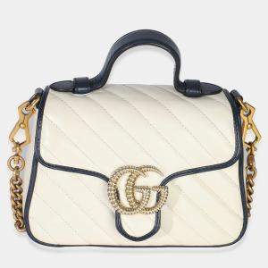 مملوكة مسبقًا Gucci Navy White Calfskin Matelasse Diagonal Torchon Mini GG Marmont Top Handle