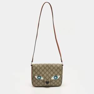 مملوكة مسبقًا Gucci Kids Animal Face Orange/Beige GG Supreme Canvas and Leather Flap Bag