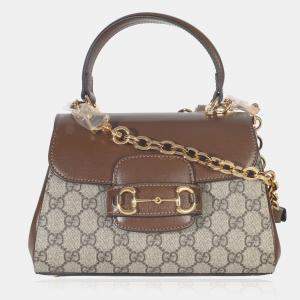 Pre Owned Gucci Beige GG Supreme Monogram Calfskin Mini Horsebit 1955 Top Handle Bag