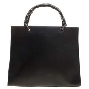 Pre Owned Gucci Black Leather Vintage Bamboo Tote