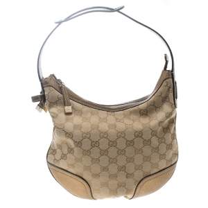 Pre Owned Gucci Beige/Gold GG Canvas and Leather Small Princy Hobo 