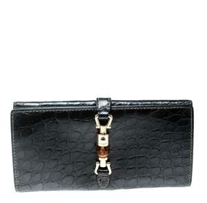 Gucci Grey Crocodile Bamboo New Jackie Continental Wallet