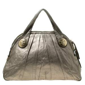 Pre Owned Gucci Metallic Grey Leather Large Hysteria Top Handle Bag