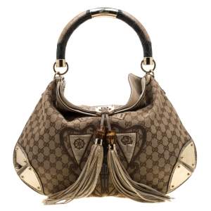 Pre Owned Gucci Beige/Green GG Canvas/Snakeskin and Croc Limited Edition Crest Patchwork Indy Hobo