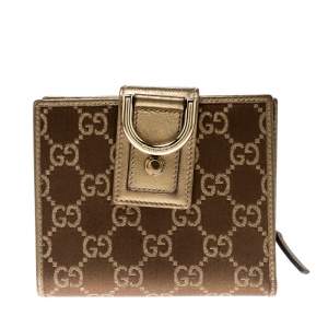 Gucci Brown/Gold Satin and Leather D Ring Compact Wallet