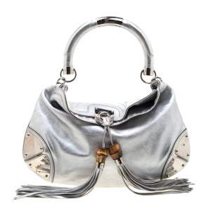 مملوكة مسبقًا Gucci Metallic Silver Leather Medium Babouska Indy Hobo