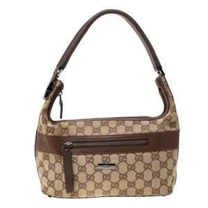 مملوكة مسبقًا Gucci Beige/Brown GG Canvas and Leather Front Zip Shoulder Bag