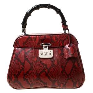 Pre Owned Gucci Red Python Leather Lady Lock Bamboo Top Handle Bag