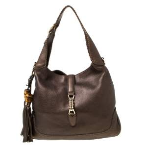 Pre Owned حقيبة غوتشي جاكي متوسطة جلد أخضر زيتوني ميتاليك