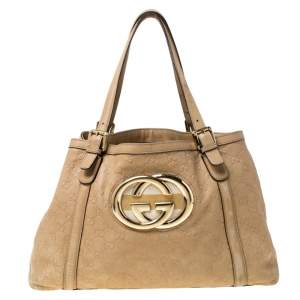 Pre Owned  حقيبة يد غوتشي بريت GG جلد بيج متوسطة