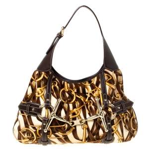 Pre Owned Gucci Brown Horsebit Print Velvet and Leather 85th Anniversary Brit Hobo