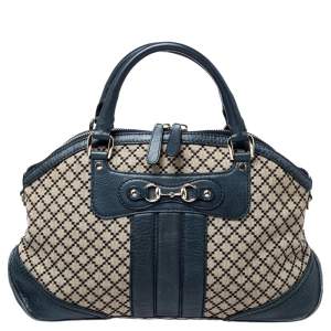 مملوكة مسبقًا Gucci Navy Blue/Beige Diamante Canvas and Leather Catherine Satchel