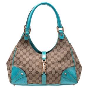 مملوكة مسبقًا Gucci Beige/Blue GG Canvas and Leather Jackie Hobo