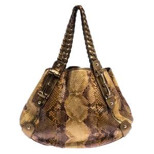 مملوكة مسبقًا Gucci Gold/Beige Python and Leather Medium Pelham Hobo