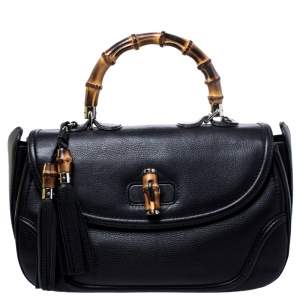 Pre Owned Gucci Black Leather Large New Bamboo Tassel Top Handle Bag