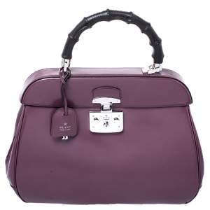 Pre Owned Gucci Purple Patent Leather Lady Lock Bamboo Large Top Handle Bag