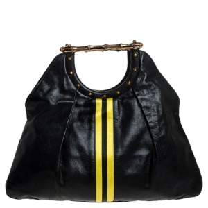 مملوكة مسبقًا Gucci Black Leather Yellow Striped Metal Bamboo Tote
