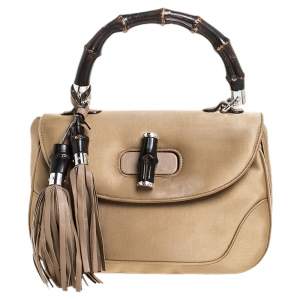 Pre Owned Gucci Gold Satin and Leather Bamboo Top Handle Bag