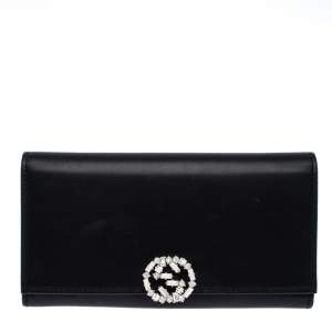  Gucci Black Leather Interlocking GG Crystal Continental Wallet
