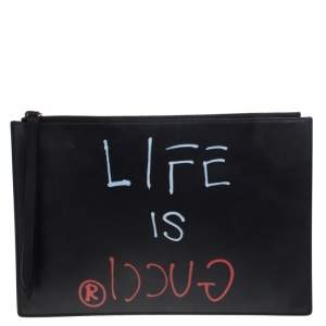 Pre Owned Gucci Black Leather Ghost Zip Pouch