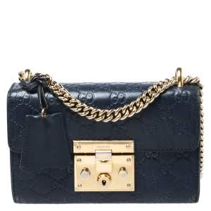 Pre Owned Gucci Navy Blue Guccissima Leather Small Padlock Shoulder Bag