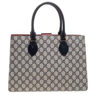Pre Owned Gucci Navy Blue/Red GG Supreme Top Handle Bag