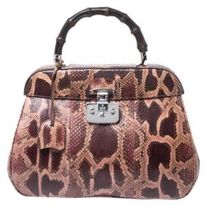Gucci Burgundy/Pink Python Lady Lock Bamboo Top Handle Bag