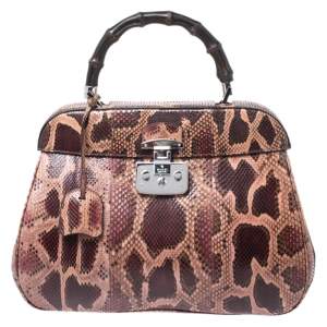 Pre Owned Gucci Burgundy/Pink Python Lady Lock Bamboo Top Handle Bag