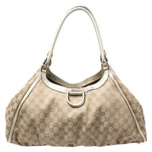 مملوكة مسبقًا Gucci Beige/Gold GG Canvas and Leather D Ring Hobo